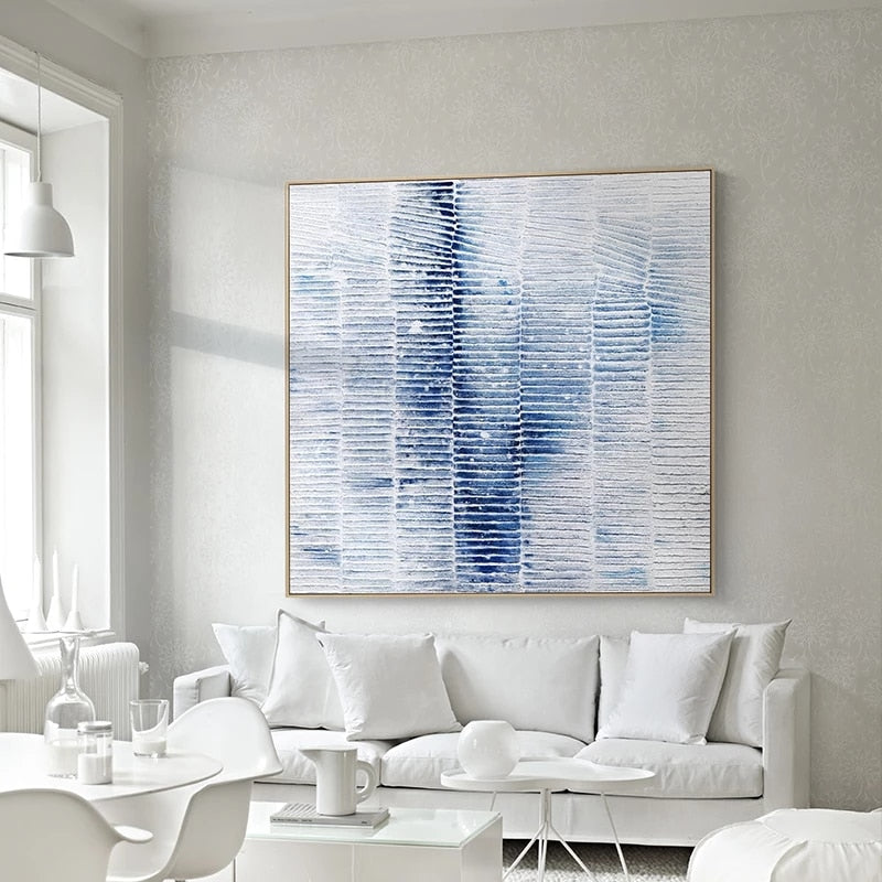 Blue and White 100% Hand Painted Abstract Painting Minimalist Art Thick Textured Canvas Painting Modern Wall Art Home Decor