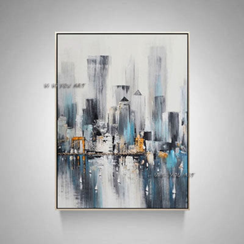 Hand Painted Abstract Oil Painting Wall Art City Building Landscape Picture Decorative Modern On Canvas  For Living Room