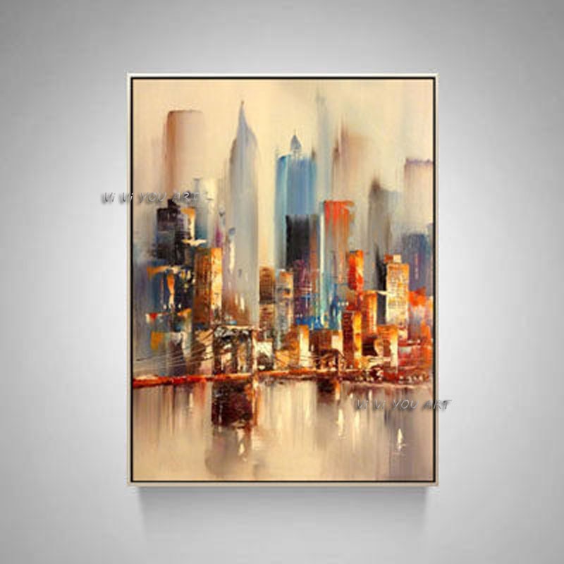 Hand Painted Abstract Oil Painting Wall Art City Building Landscape Picture Decorative Modern On Canvas  For Living Room