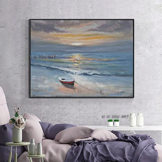 Blue Seascape With Beautiful Sunset Glow Painting On Canvas Abstract Handmade Painted Oil Painting Landscape Wall