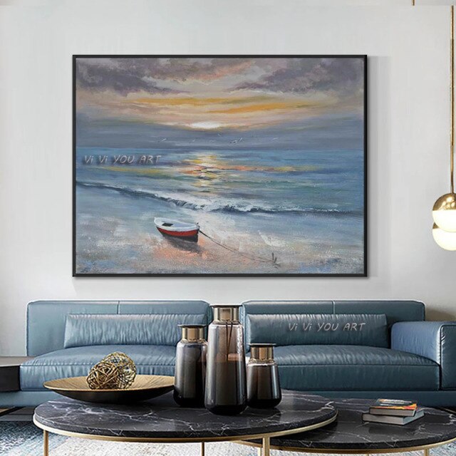 Blue Seascape With Beautiful Sunset Glow Painting On Canvas Abstract Handmade Painted Oil Painting Landscape Wall