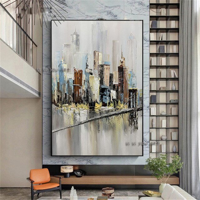 Hand Painted knife city Oil Painting Wall Art Modern City Building Picture on Canvas Home Decor For Living room office picture