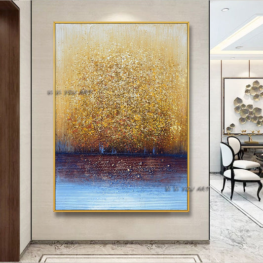 Handmade Abstract Oil Painting  Large  Canvas Wall Art Golden Tree Minimalist   Modern Decoration Living Room Office
