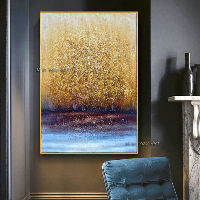 Handmade Abstract Oil Painting  Large  Canvas Wall Art Golden Tree Minimalist   Modern Decoration Living Room Office