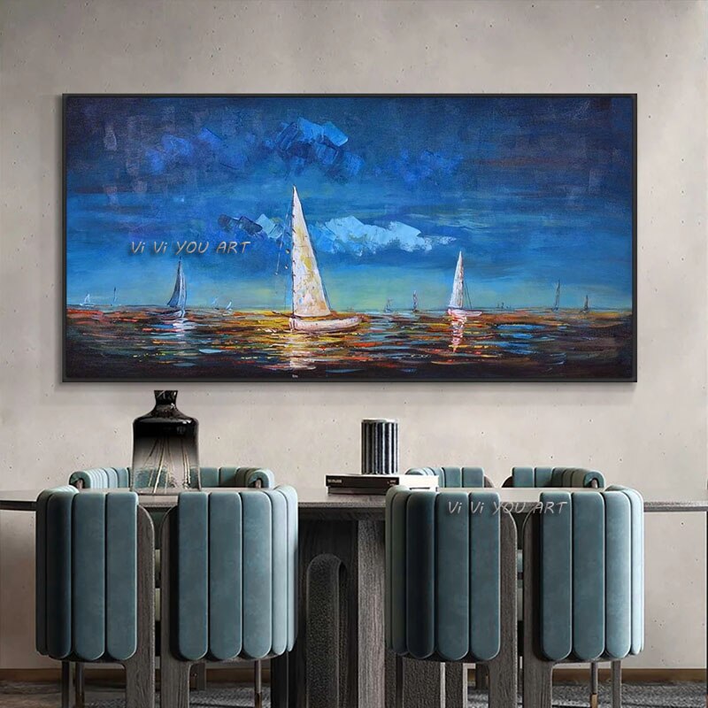 100% Handmade Painted Abstract Texture Sailboats On The Sea Oil Painting On Canvas Modern Wall Art For Bedroom