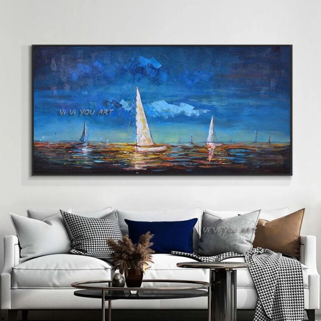 100% Handmade Painted Abstract Texture Sailboats On The Sea Oil Painting On Canvas Modern Wall Art For Bedroom