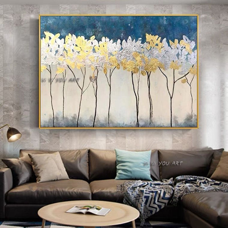 100% Handmade Abstract Gold Foil Tree Oil Painting On Canvas Modern Landscape Home Decor For Living Room Hallway No Frame