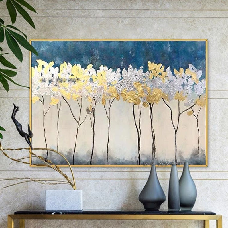 100% Handmade Abstract Gold Foil Tree Oil Painting On Canvas Modern Landscape Home Decor For Living Room Hallway No Frame