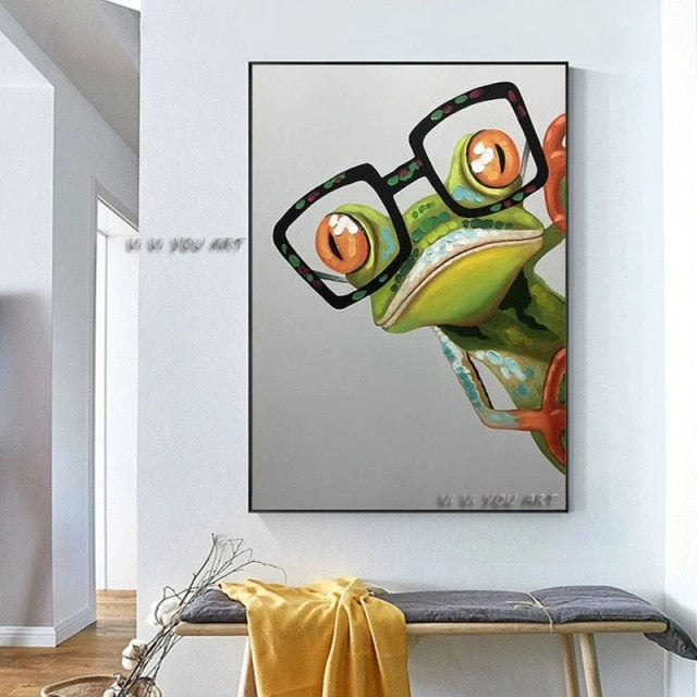 100% Handmade Abstract Animal Canvas Oil Painting Green Glasses Frog Painting Tree Frog Textured Cartoon Painting Large Living