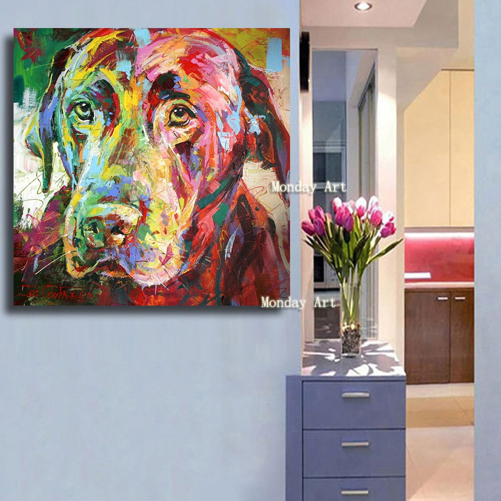 hot selling handpainted modern dog portrait oil painting  cartoon oil painting on canvas art for kids room aisle wall decoration