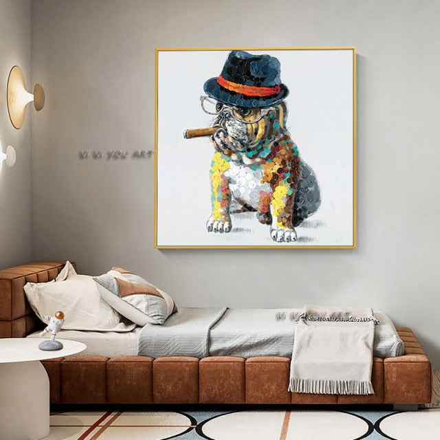 Handmade Smoking Bulldog Posters Abstract Dog Oil Painting On Canvas Wall Art Puppy Graffiti Pictures Living Room Nordic Decor