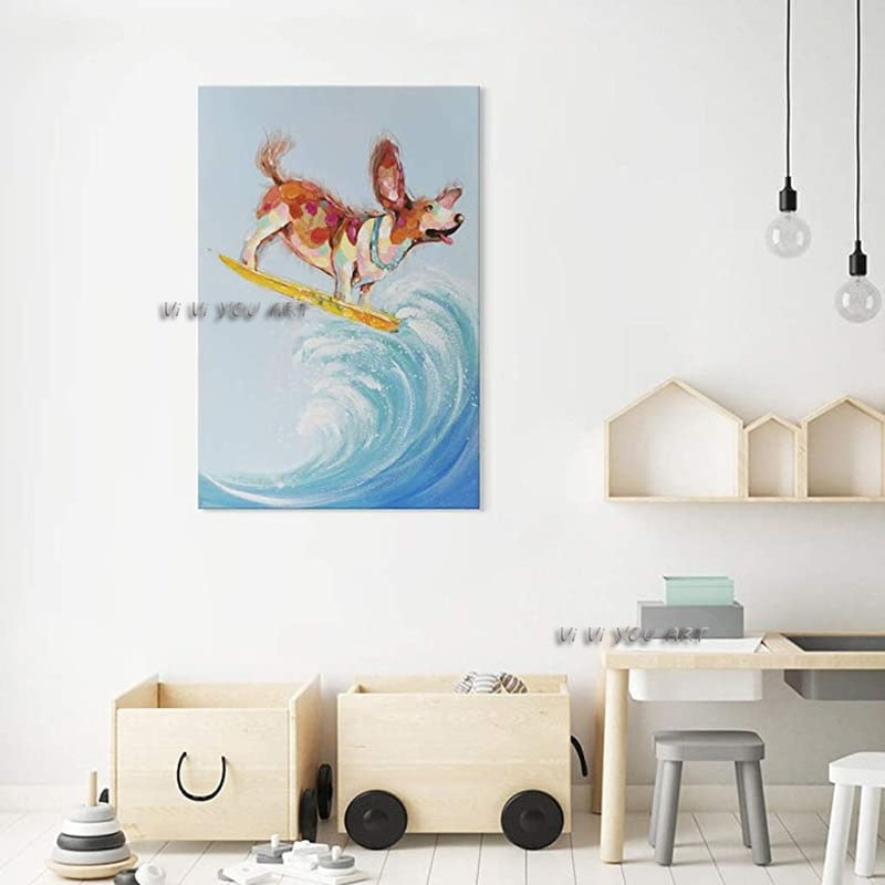 Modern Fine Art Hand-painted Funny Animal Oil Painting on Canvas Surfing dog Picture Wall Art For Kid Room Bedroom Home Decor