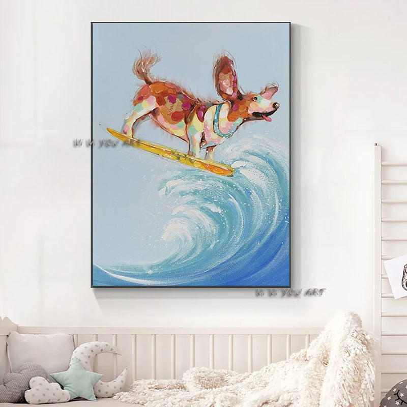 Modern Fine Art Hand-painted Funny Animal Oil Painting on Canvas Surfing dog Picture Wall Art For Kid Room Bedroom Home Decor