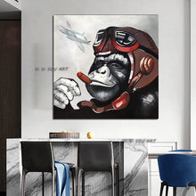 Load image into Gallery viewer, Hand Painted Gorilla Smoking Animal Oil Painting Abstract Modern Posters and Wall Art Picture for Living Room Bedroom Home Decor
