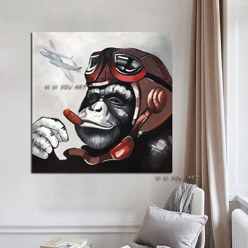 Hand Painted Gorilla Smoking Animal Oil Painting Abstract Modern Posters and Wall Art Picture for Living Room Bedroom Home Decor
