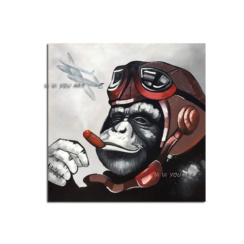 Hand Painted Gorilla Smoking Animal Oil Painting Abstract Modern Posters and Wall Art Picture for Living Room Bedroom Home Decor
