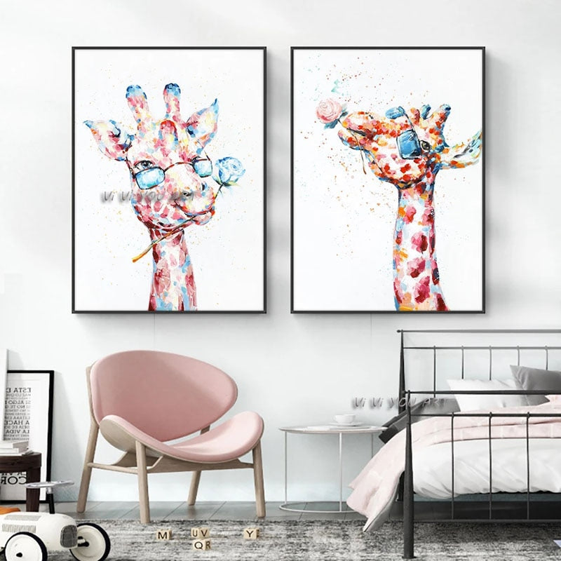 Funny Giraffe Hand Painted Oil Painting Canvas Modern Abstract Animal Wall Art Poster Picture Home Decoration Baby Room