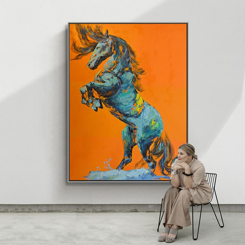100% Hand Painted Modern Orange Abstract Animal Horse Oil Painting Canvas Art Wall Pictures for Living Room Home Decor As Gift