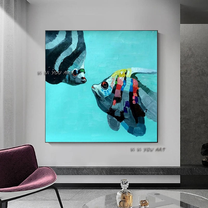 Handmade Cartoon Animal fishes kissing Oil Painting Popular Modern Canvas for Kids Room Home Decoration Dropshipping No Frame