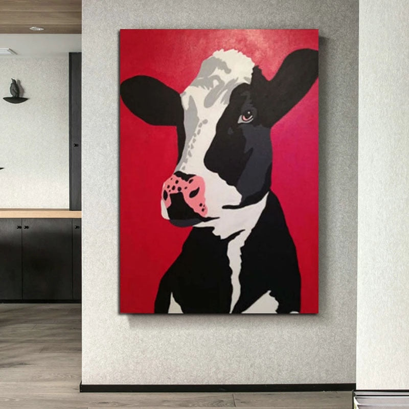 Free Shipping For Sell Wholesale Hand-painted Dairy Cow Oil Painting On Canvas For Kitchen Decoration Cartoon Animal Pictures