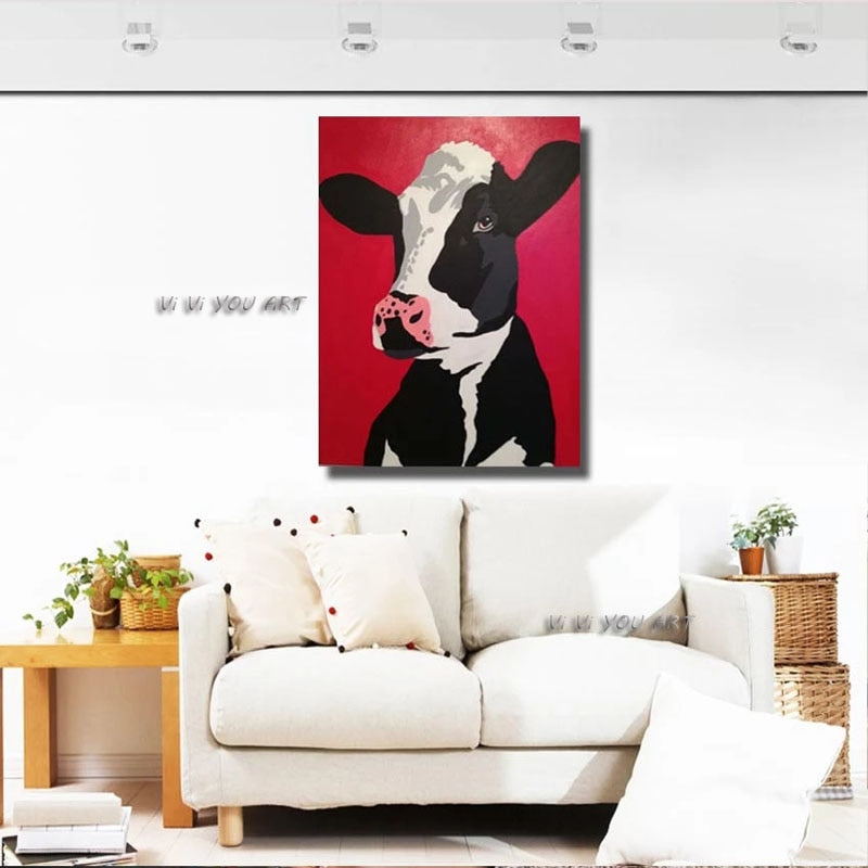 Free Shipping For Sell Wholesale Hand-painted Dairy Cow Oil Painting On Canvas For Kitchen Decoration Cartoon Animal Pictures