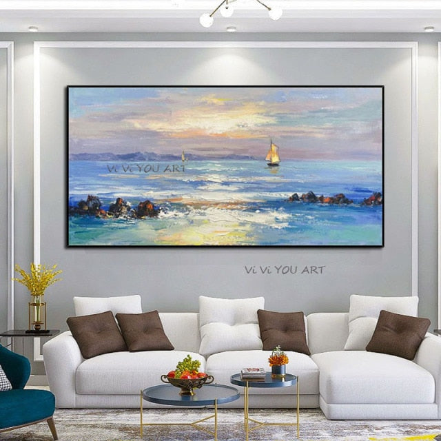100% Hand Painted Abstract Seascape Oil Paintings Wall Art Canvas Painting Wave Pictures for Living Room Decoration No Frame