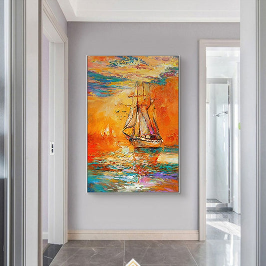 100% Hand Painted Oil Painting Landscape Boat Impression Seascape Abstract Home Decor Wall Art Nordic Canvas Living Room Picture
