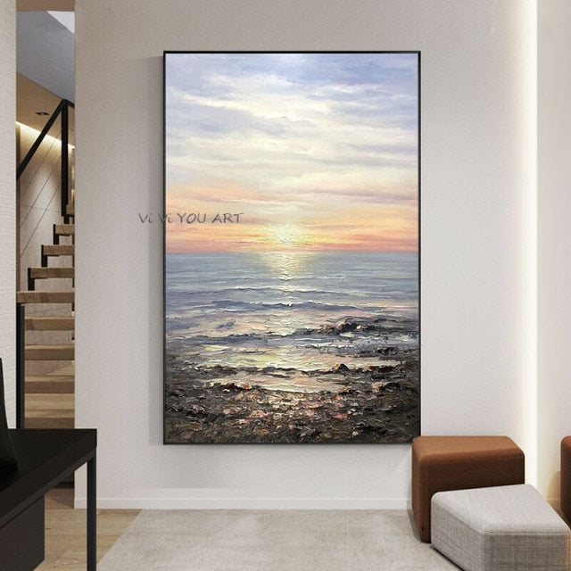 100% Handpainted The Sea Sunset Abstract Oil Painting Wall Art Home Decor Pictures Modern Oil Painting On Canvas No Framed