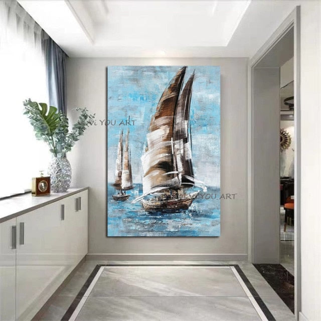 Large 100% Hand Painted Handmade Art Oil Painting Seascape Sails Abstract Christmas Gift Home Decor Wall Pictures Frameless