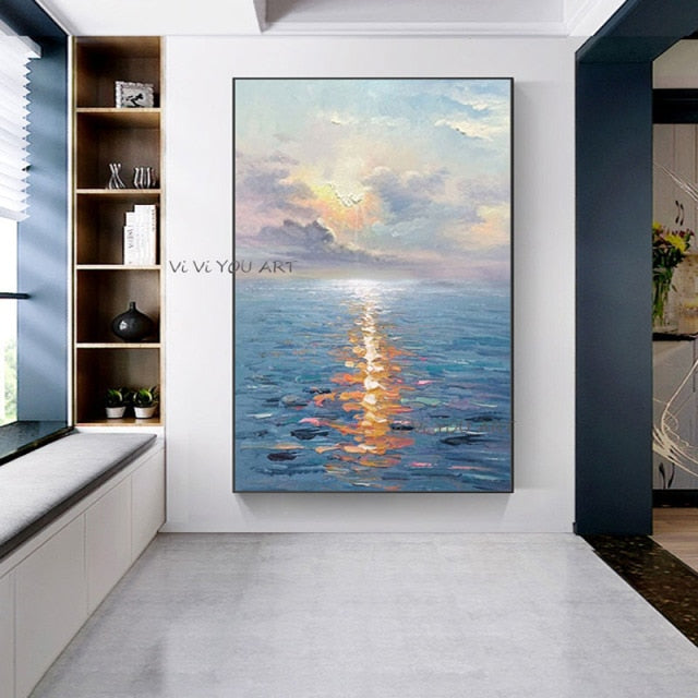 100% Hand Painted Handmade Oil Painting On Canvas Seascape Sunrise Landscape Fine Art Living Room Decor Large Size Frameless