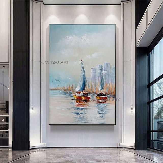 100% Hand Painted Simple Abstract Sailing Boat Oil Painting Scenery Paintings Wall Pictures Canvas Art Unframed Artwork