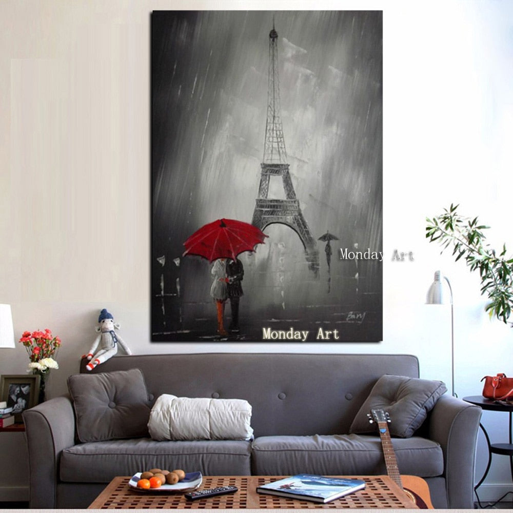 Large Hand Painted Landscape Oil Painting Canvas lover walk under Tower painting Wall Art Pictures For Living Room Home Decor