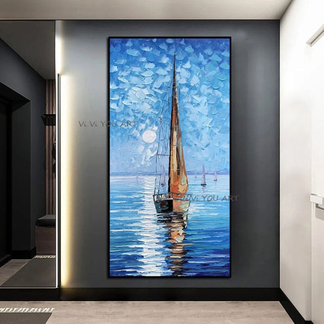 Art Oil Painting 100% Hand Painted Landscape Canvas Wall Art Canvas Seascape Sailing Boat Abstract Home Decor Wall Pictures