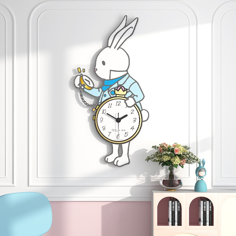 Alice in Wonderland Cute Rabbit Decorative Silent Wall Clock Modern Design Large Watches For Kitchen Living Room Bedroom Home
