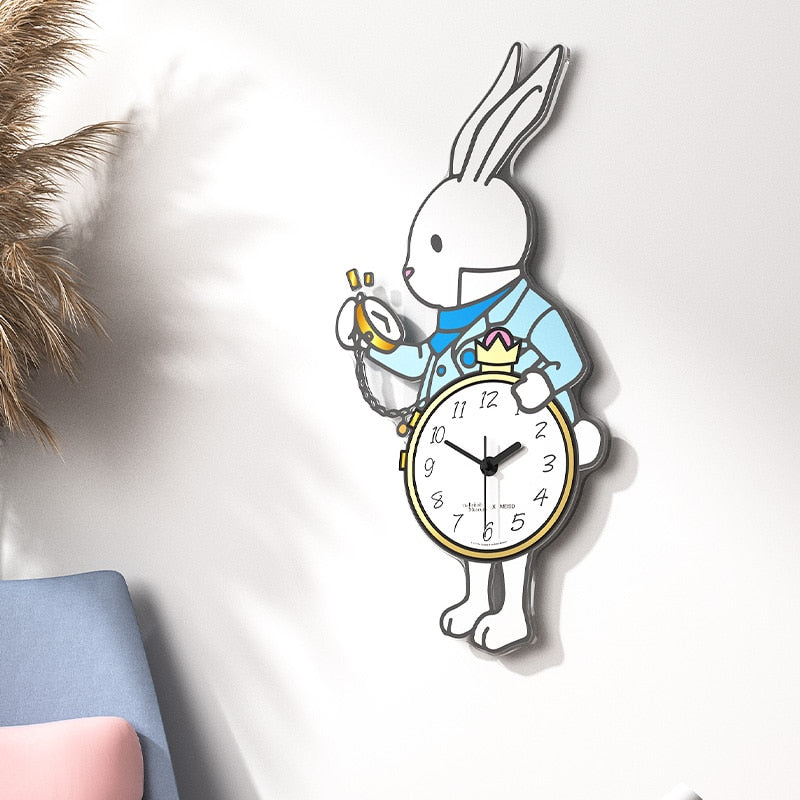 Alice in Wonderland Cute Rabbit Decorative Silent Wall Clock Modern Design Large Watches For Kitchen Living Room Bedroom Home