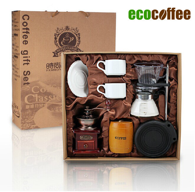 1Set Free Shipping EMS DHL FedEx coffee gift box pot grinding machine oak barrel coffee cup