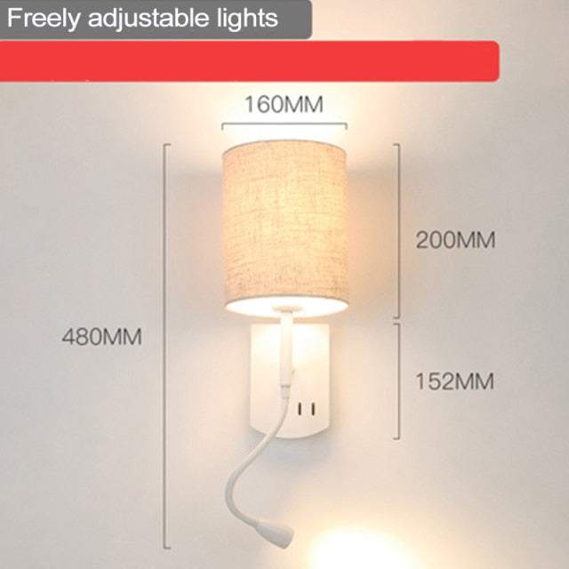 Modern reading wall lamps bedside wall light with switch Fabric lampshade E27 holder Adjustable Tube Home indoor Bedroom Fixture