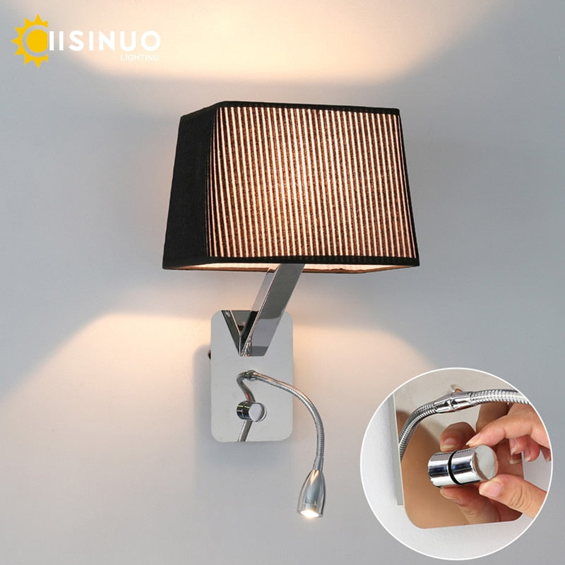 Modern Reading Wall Lamps Bedside Wall Light With Switch Fabric Lampshade E27 Holder Adjustable Tube Home indoor Bedroom Fixture