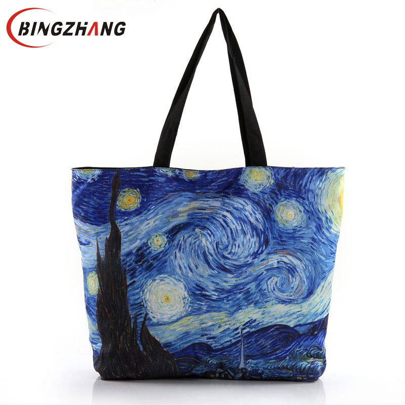 New 2017 Fashion Van Gogh Starry Night Printing Shoulder Canvas Laptop Shopping Handbags Ladies Totes Bags With Zipper L4-1612