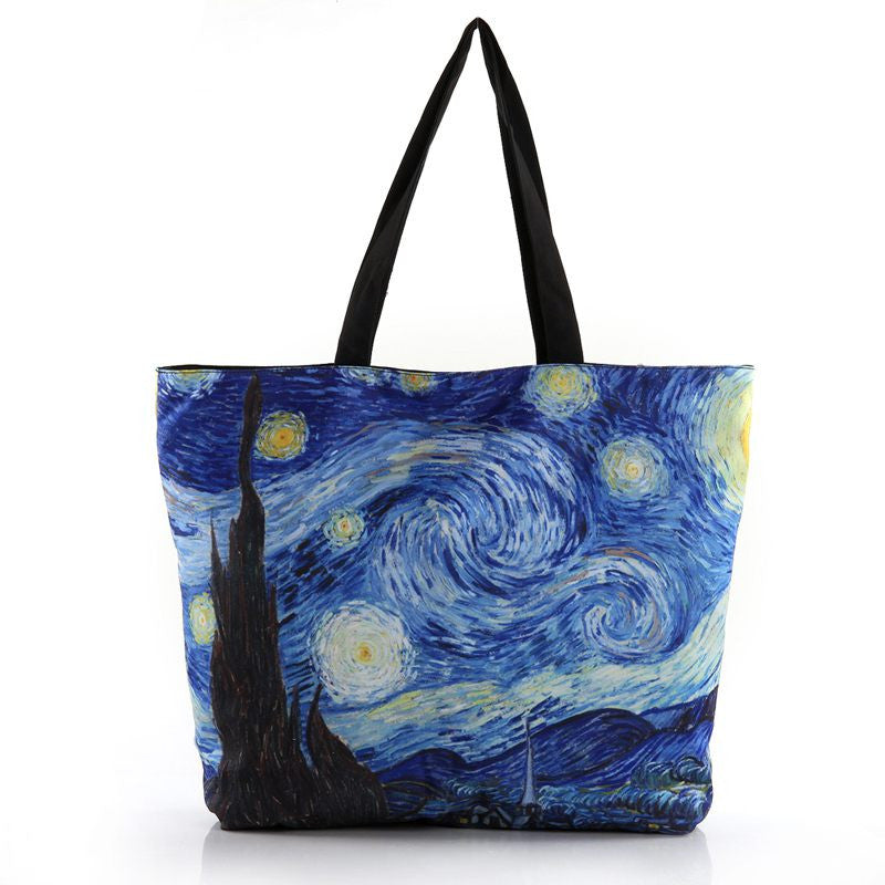 New 2017 Fashion Van Gogh Starry Night Printing Shoulder Canvas Laptop Shopping Handbags Ladies Totes Bags With Zipper L4-1612
