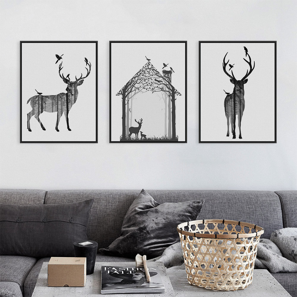 Nordic Vintage Black White Deer Head Animals Silhouette A4 Big Art Print Poster Wall Picture Canvas Painting No Framed Home Deco
