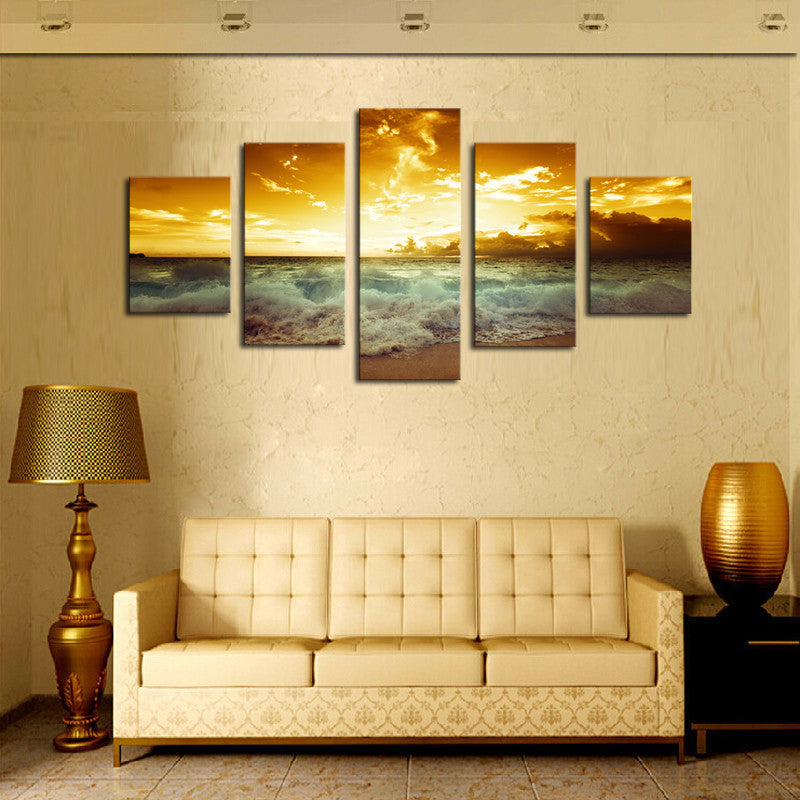 Unframed 5 Piece The Yellow Sea And setting sun Modern Home Wall Decor Canvas Picture Art HD Print Painting On Canvas Artworks