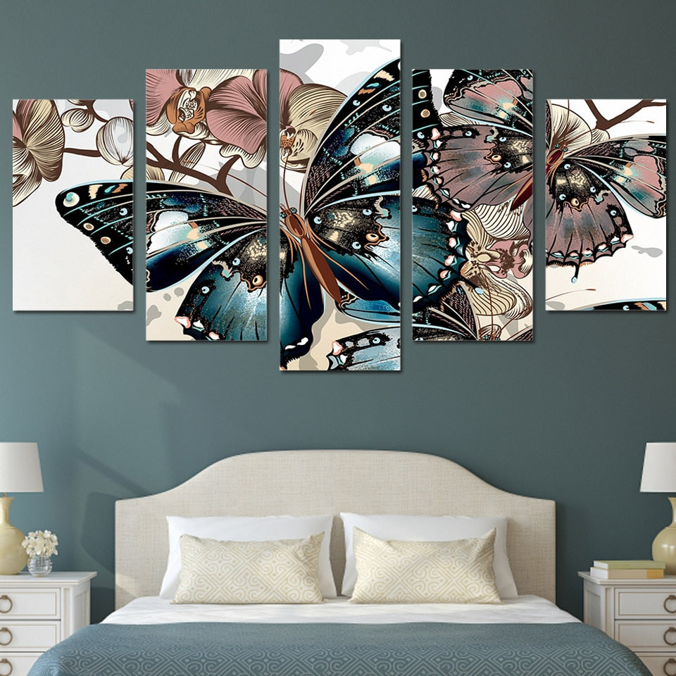 5 panel art Abstract floral butterfly Painting on canvas