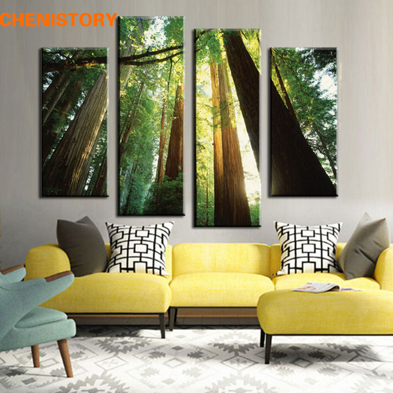 Unframed 4 Panel Green Forest Landscape Modern Large HD Print Painting Wall Art Picture For Wall Decor Home Decoration Artwork