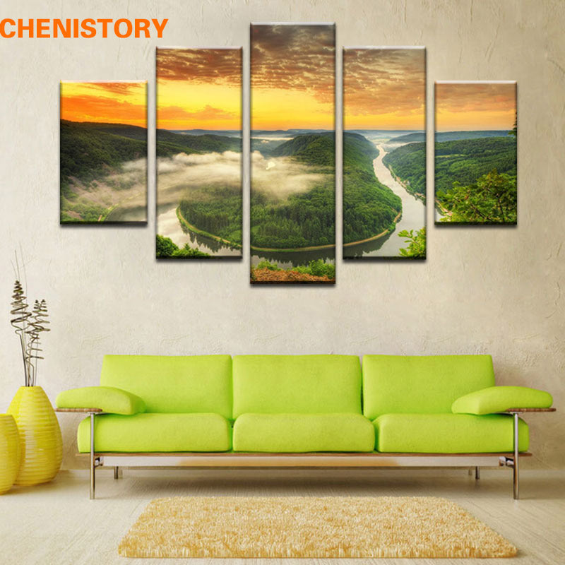 Unframed 5 Pieces River Around The Green Mountain Modern Wall Art Picture Print Painting On Canvas For Living Room Wall Decor