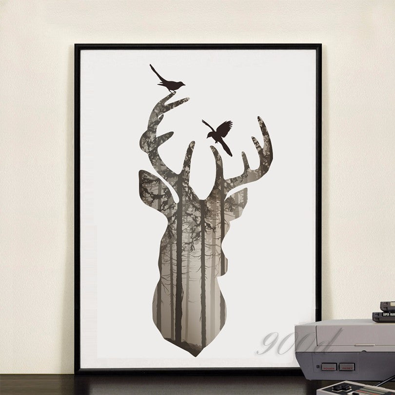 silhouette of deer head with pine forest Canvas Art Print Painting Poster,  Wall Picture for Home Decoration, Home Decor FA396-5