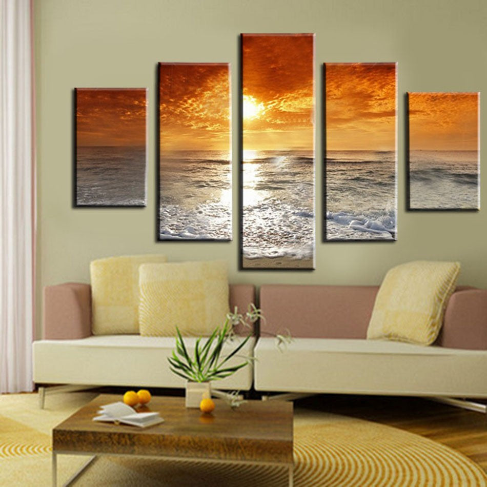 Unframed 5pcs Sunset And Sea Wave Modern Seascpae Home Wall Decor Picture HD Print Painting On Canvas For Living Room Artwork
