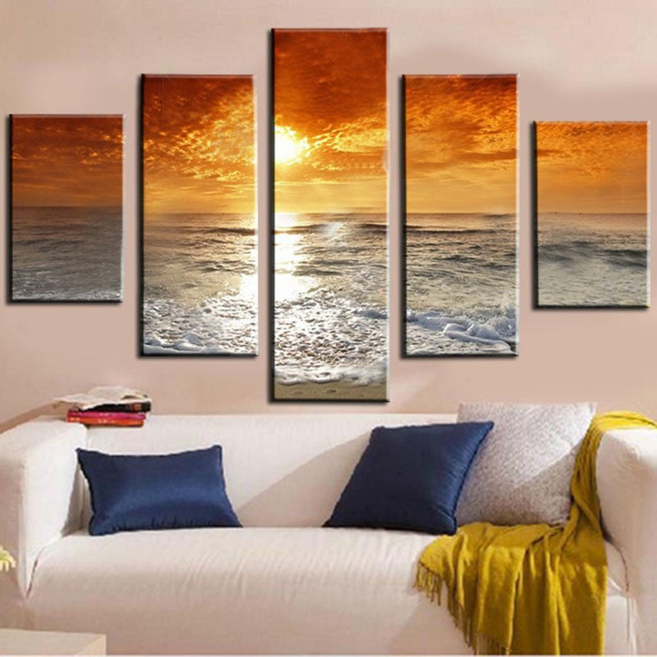 Unframed 5pcs Sunset And Sea Wave Modern Seascpae Home Wall Decor Picture HD Print Painting On Canvas For Living Room Artwork