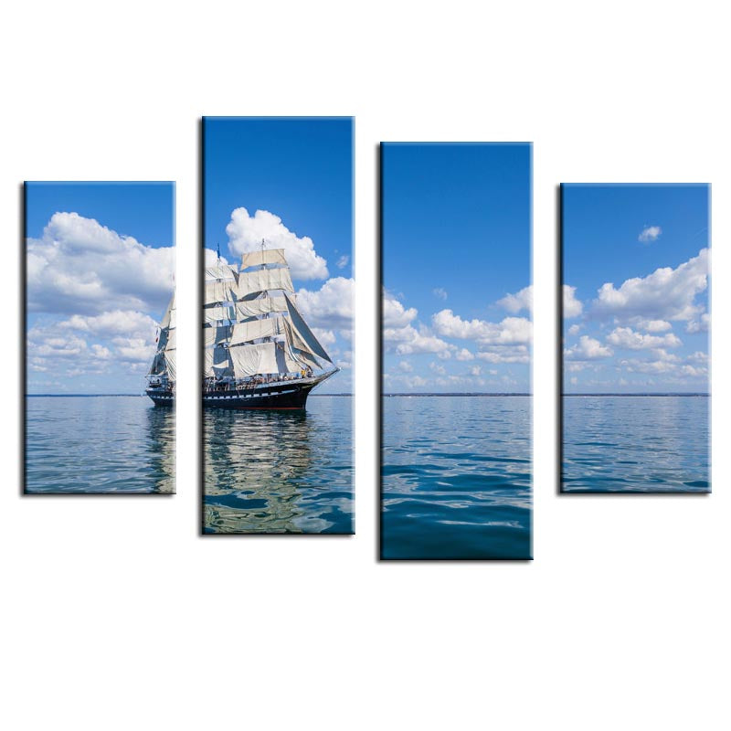 Unframed 4 Panel White Cloud Blue Sky Sailing Seascape Modern Print Painting On Canvas Wall Art Picture For Home Decoration