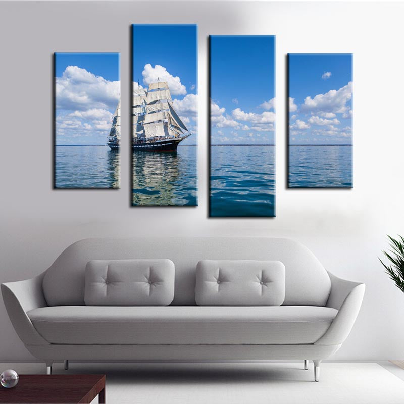 Unframed 4 Panel White Cloud Blue Sky Sailing Seascape Modern Print Painting On Canvas Wall Art Picture For Home Decoration